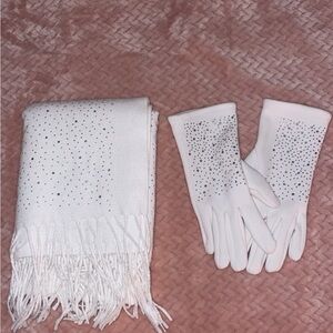 Elegant White Scarf and Glove Set with Rhinestone Detailing